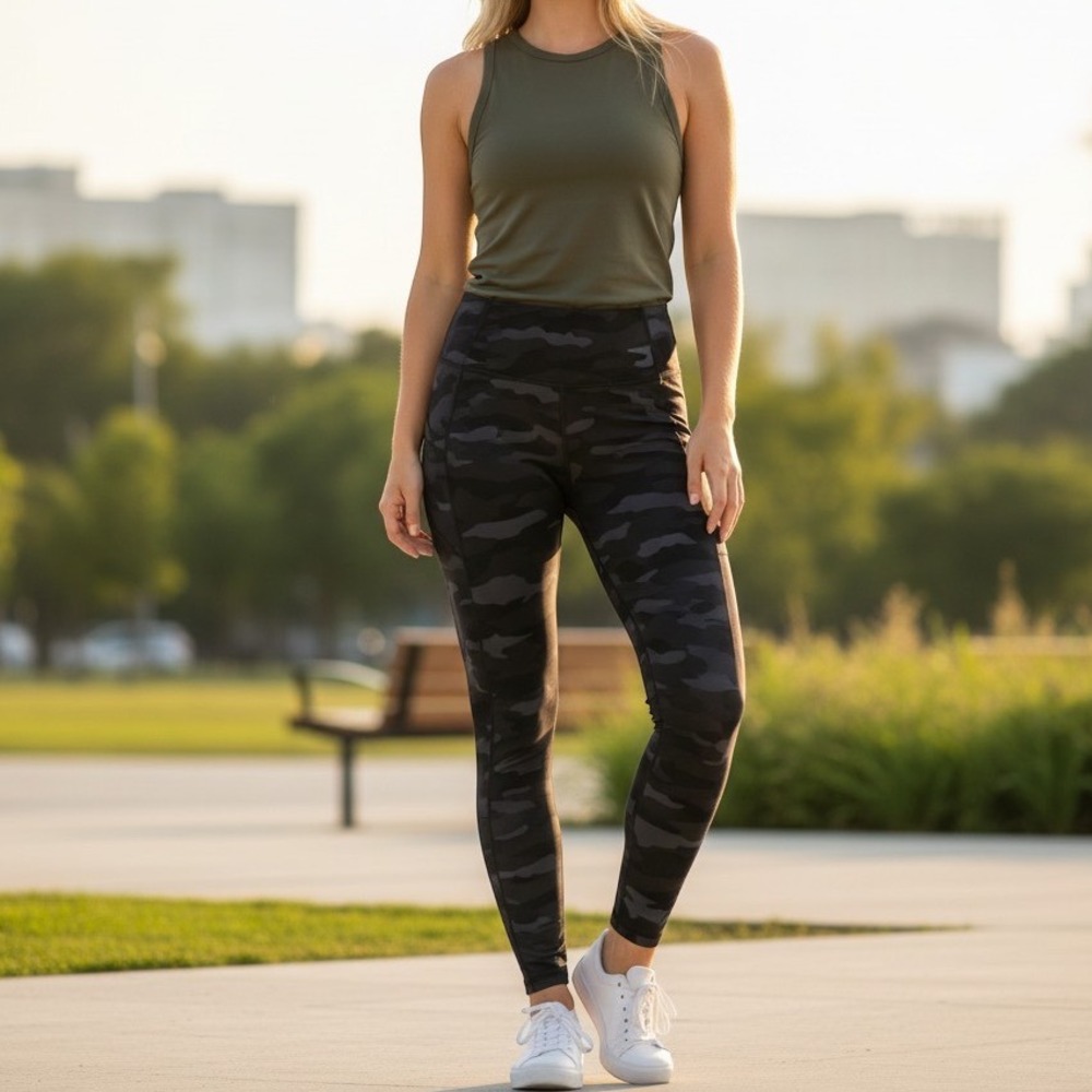 Athleta Black Gray Camo Contender 7/8Tight Powerlift Leggings Size L Pockets EUC